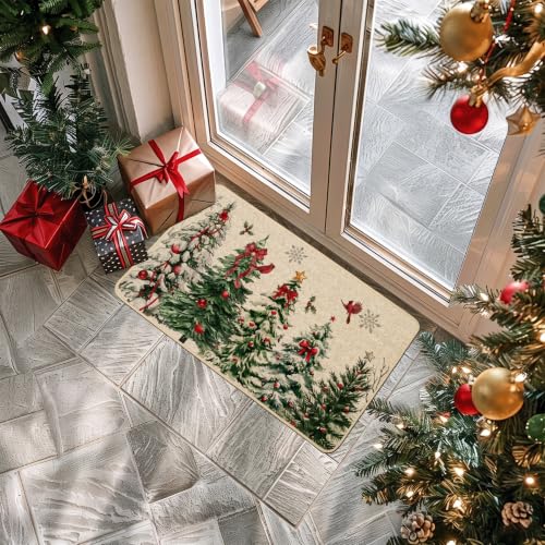 Christmas Doormat 17x29 Inch Winter Red Bow Pine Forest Farmhouse Welcome Rug - Variation: Pine Forest & Red Bow / 1.5x2.5 ft