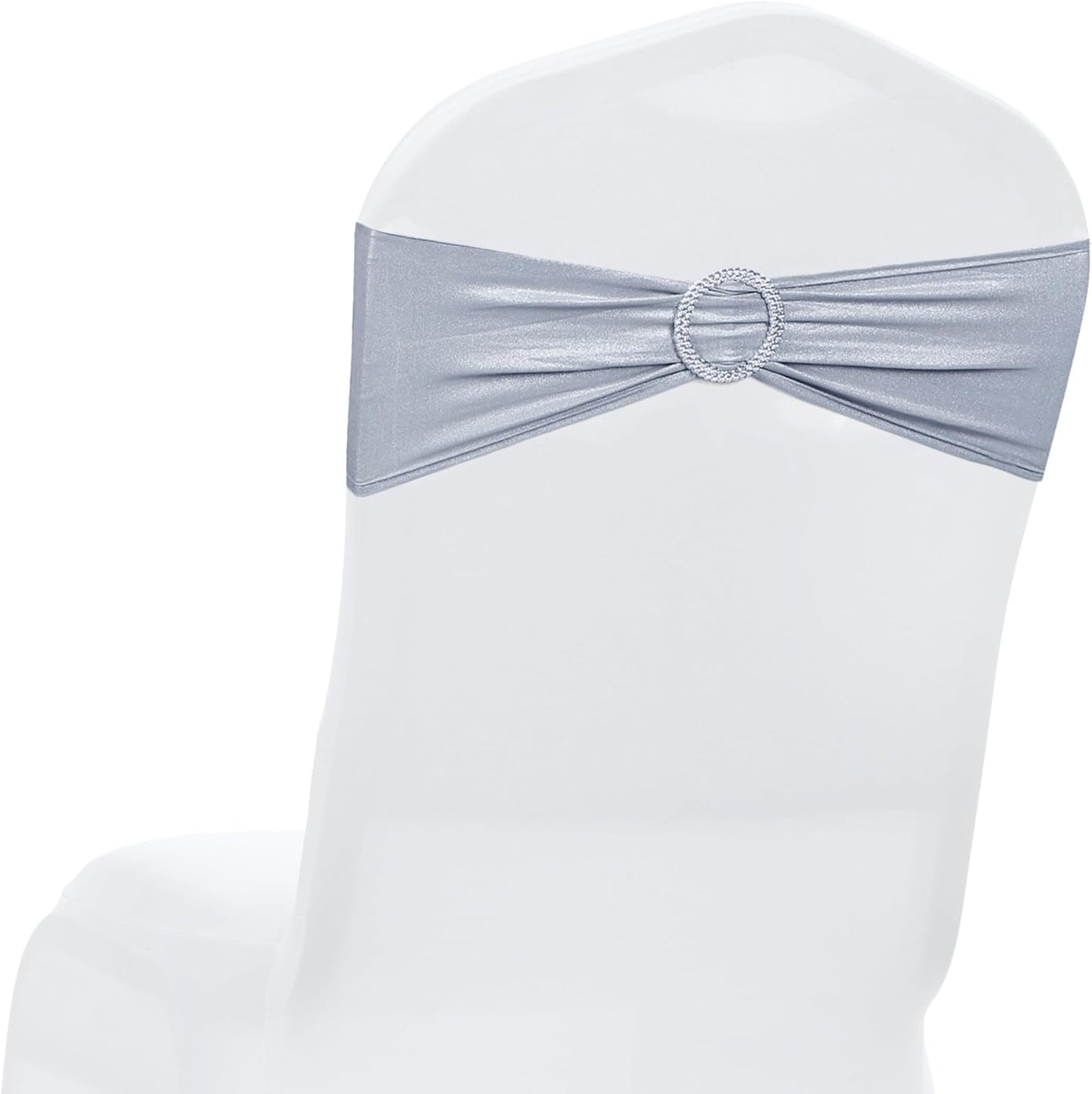 MDS Spandex Foil Chair Sashes - Universal Elastic Stretch Bow Ties with Buckle | Metallic Silver, Pack of 75