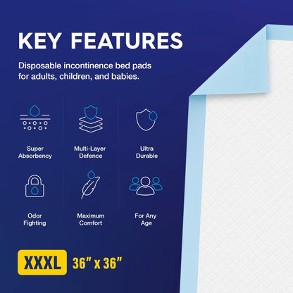 PULP Incontinence Underpads - Super Absorbent Disposable Bed Pads | 36" x 36" | XXXL Size for Adults, Children & Babies | FSA & HSA Eligible