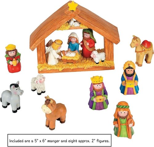 Fun Express Mini Christmas Nativity Set - 9-Piece Stable with Jesus, Mary, Joseph & Wisemen | Red, Blue, Green, Beige, Brown