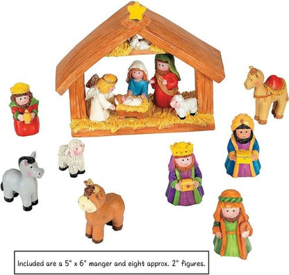 Fun Express Mini Christmas Nativity Set - 9-Piece Stable with Jesus, Mary, Joseph & Wisemen | Red, Blue, Green, Beige, Brown