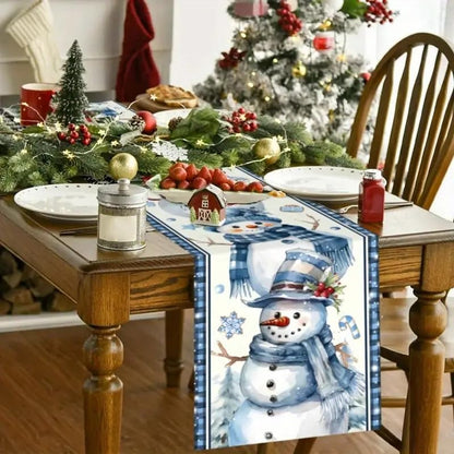Blue Snowman 13x90 Inch Christmas Table Runner - Snowflake Decor