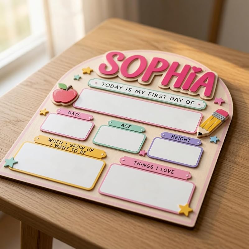 Personalized First Day of School Sign - Reusable Wooden Milestone Board, Pink Variation