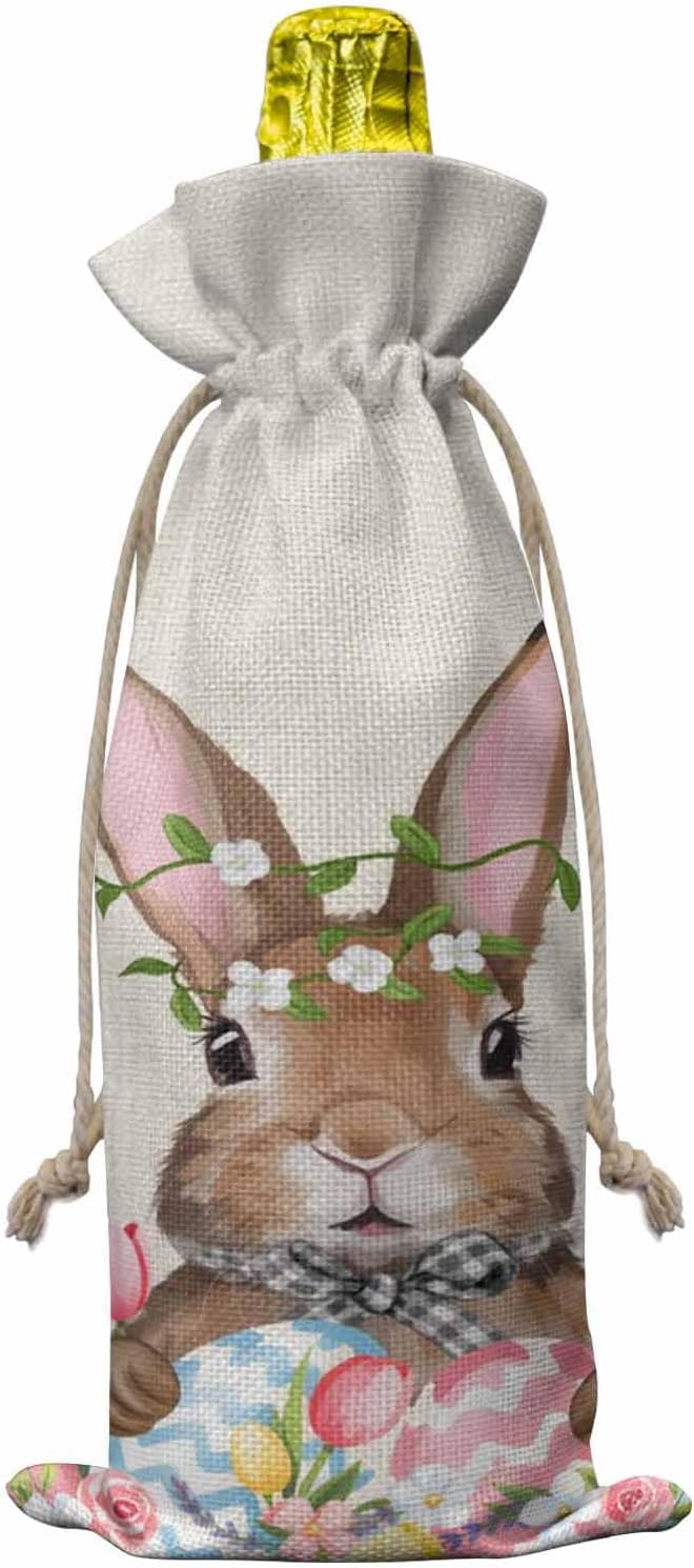 PIEPLE Easter Bunny 10PCS Wine Bottle Bags, Wine Bottle Cover with Drawstring, Gift Bag for Champagne, Wedding, Birthday, Party Spring Colorful Easter Eggs Flowers Burlap
