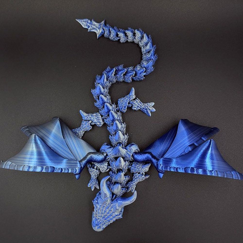 Skiennix 3D Printed Blue Silver Dragon Figurine - 11.8 Inch Collectible Desk Decor