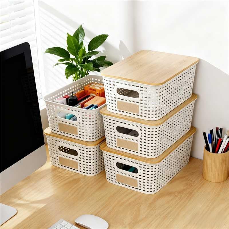 Skiennix Storage Bins - Stackable Plastic Baskets with Bamboo Lids | 6-Pack Pantry Organizer, 10x7.1x4.1in