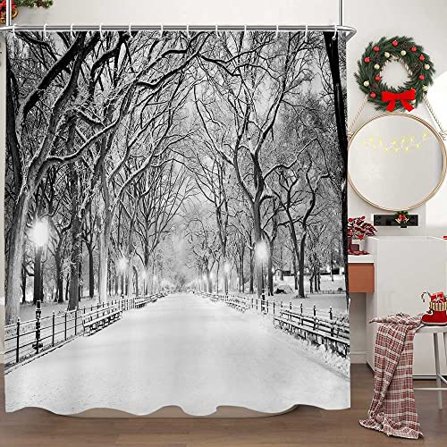 Grey Winter Street View Shower Curtain with Snow Trees, Christmas 72x72 Inches - Christmas3