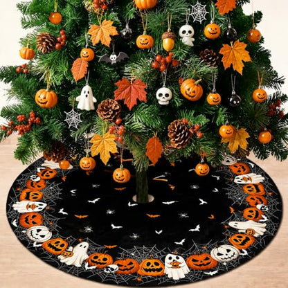 Halloween Tree Skirt 48 Inch Short Plush Pumpkin & Spider Web Design with Variation Black Pumpkin Face