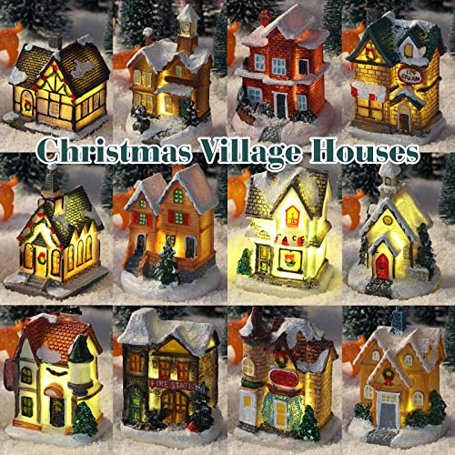 Christmas Houses Village and Mini Trees LED Light Set - 24 Pcs Holiday Decor