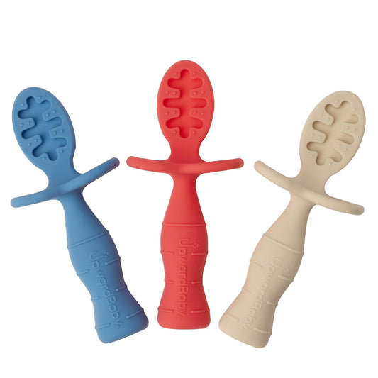 Upward Baby Spoons - Self-Feeding Toddler Utensils with Anti-Choke Barrier | 3 Pack, Silicone, Red/White/Blue