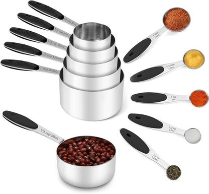 Joyhill Stainless Steel Measuring Cups Set - 10-Piece Nesting Design with Soft Touch Silicone Handles | Black
