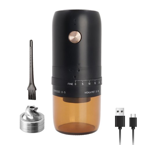 ELMWAY Electric Burr Coffee Grinder, Small Electric Rechargeable Mini Coffee Grinder, Stainless Steel Grinding Core with External Adjustable Grinding Settings
