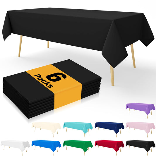 smiry Disposable Table Cloth 6 Pack, 54 x 108 Inch Table Cloths for Parties, Decorative Tablecloths for Rectangle Tables, Waterproof Plastic Table Cover, Leakproof & Sturdy, Black