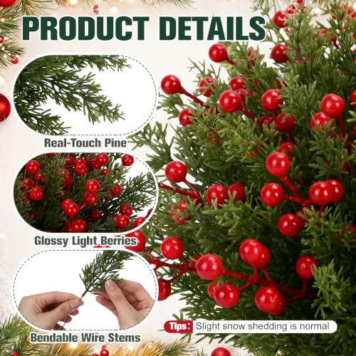 Snow Flocked Artificial Christmas Pine Stems with Red Berry Stems - 500 Pcs