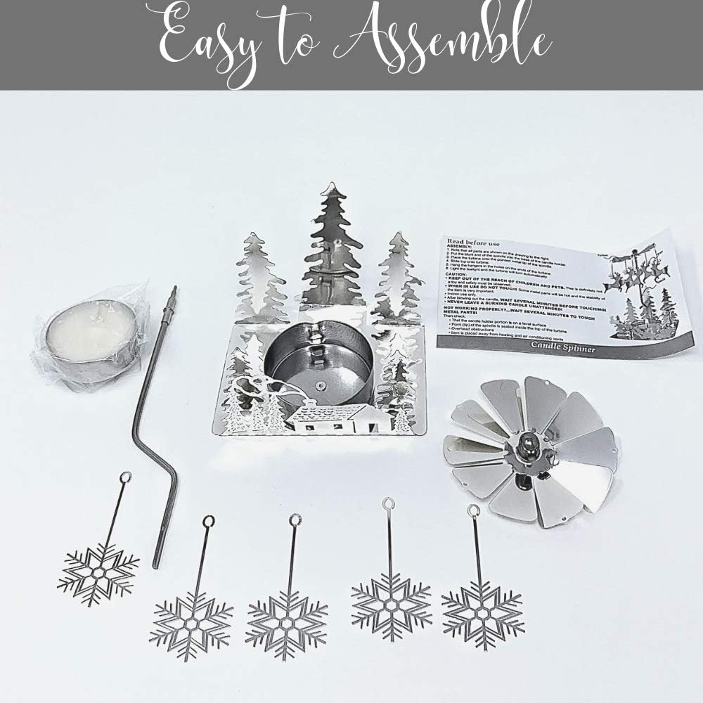 Skiennix Winter Holiday Cabin Silver Candle Spinner - Silver Plated Laser Cut Scene - 5" Tea Light Holder