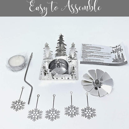 Skiennix Winter Holiday Cabin Silver Candle Spinner - Silver Plated Laser Cut Scene - 5" Tea Light Holder