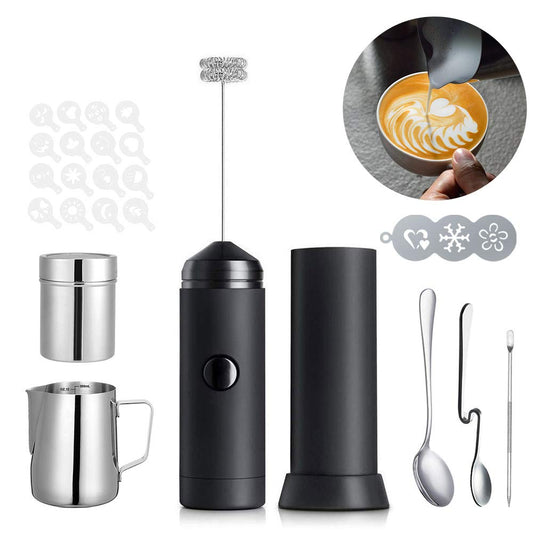 Milk Frother Handheld Coffee Art Set, Electric Coffee Frother with Milk Frother Pitcher, Powder Cocoa Shaker, Coffee Stencils, Coffee Spoons, Latte Art Pen