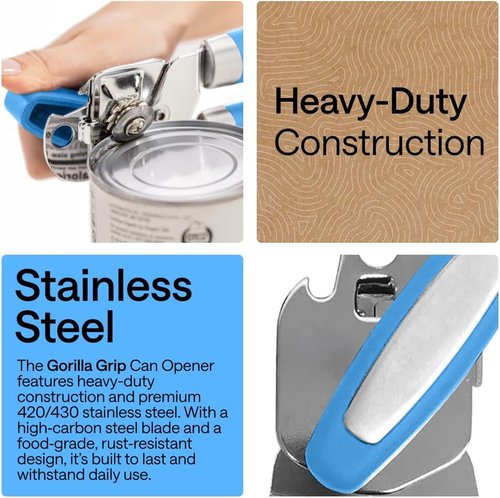 GORILLA GRIP Heavy Duty Can Opener - Stainless Steel with Comfortable Handle | Multifunctional Kitchen Tool in Aqua