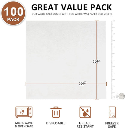 Neyimqr Deli Paper Sheets - 100PCS Unbleached White Wax Paper for Food Basket Liners | Grease Resistant Parchment Sheets 12x12