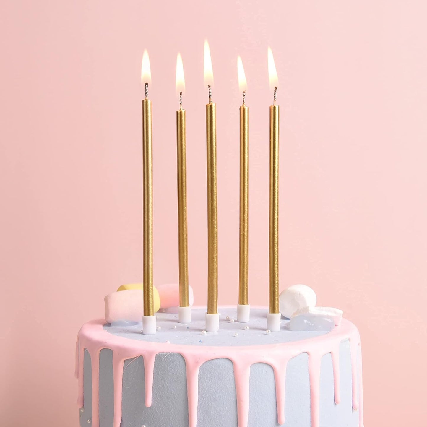 PHD CAKE Gold Long Thin Metallic Birthday Candles - Perfect for Parties & Weddings | Elegant Cake Decor