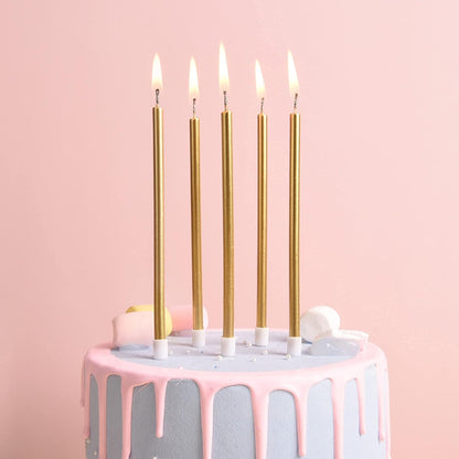 PHD CAKE Gold Long Thin Metallic Birthday Candles - Perfect for Parties & Weddings | Elegant Cake Decor