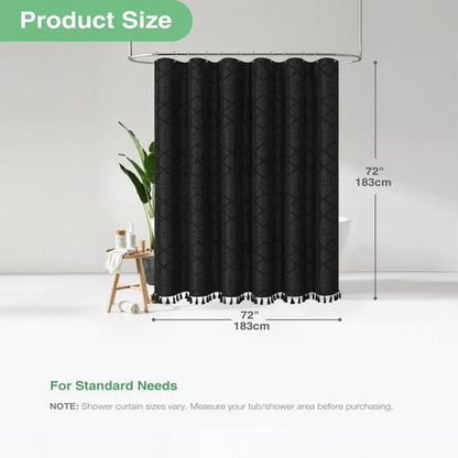 Dynamene Boho Farmhouse Shower Curtain, Black Fabric Chenille Tufted Geometric Striped Textured Cloth Tassel Shower Curtains for Bathroom, Minimalist Shabby Chic Shower Curtain Set 12 Hooks, 72x72
