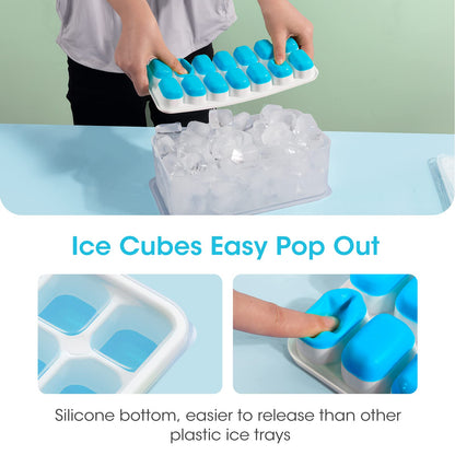 DOQAUS Ice Cube Tray with Lid and Bin, 4 Pack Silicone Plastic Ice Cube Trays for Freezer with Ice Box, Ice Trays with Ice Container, Stackable Ice Tray with Storage Ice Bucket,Ice Tong,Ice Scoop