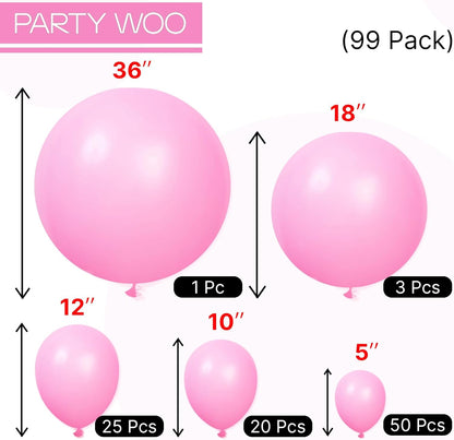 PartyWoo Pink Balloon Arch Kit - 99pcs Matte Pink Balloons in Various Sizes for Baby Showers & Parties