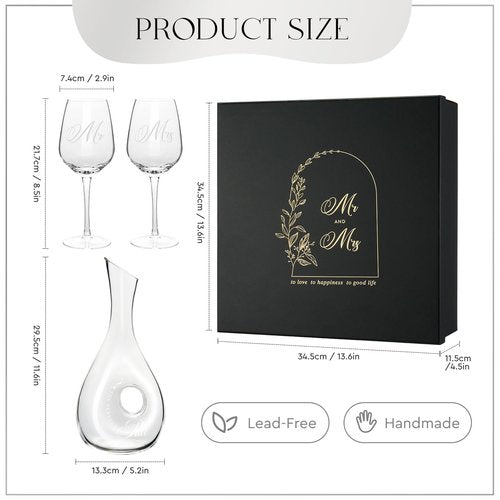 AW BRIDAL Wedding Gifts Bridal Shower Gifts Engagement Gift for Couples Newlyweds Mr and Mrs Wine Glasses Wedding Glasses Bride Gift Anniversary Wine Decanter Set