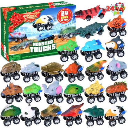 Christmas Advent Calendar with 24 Monster Truck Toys - Holiday Countdown & Party Favor