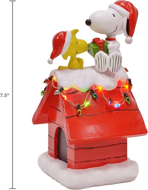Mark Feldstein Peanuts Snoopy's Dog House Figurine - LED Christmas Lights | 7.5 Inch Red Decor