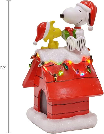 Mark Feldstein Peanuts Snoopy's Dog House Figurine - LED Christmas Lights | 7.5 Inch Red Decor