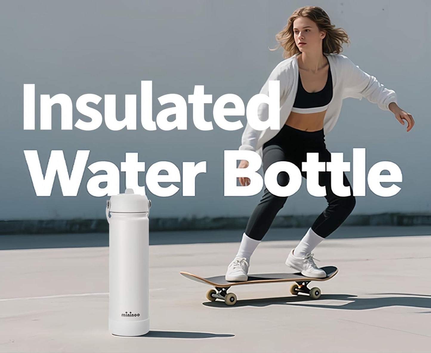 Mininoo Insulated Stainless Steel Water Bottle - BPA-Free, Leak-Proof Design, 24 oz, White