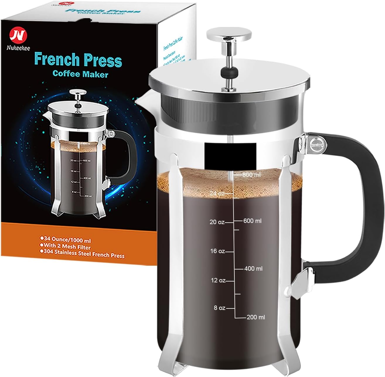 Skiennix French Press Coffee Maker - 34oz Stainless Steel with 2 Filters | Heat Resistant & Easy to Clean