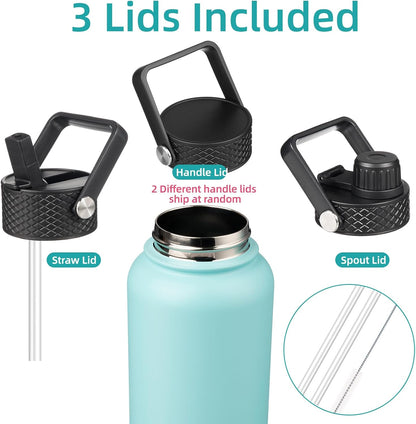 Skiennix 32 Oz Insulated Stainless Steel Water Bottle - Durable Sport Bottle with 3 Lids | Turquoise