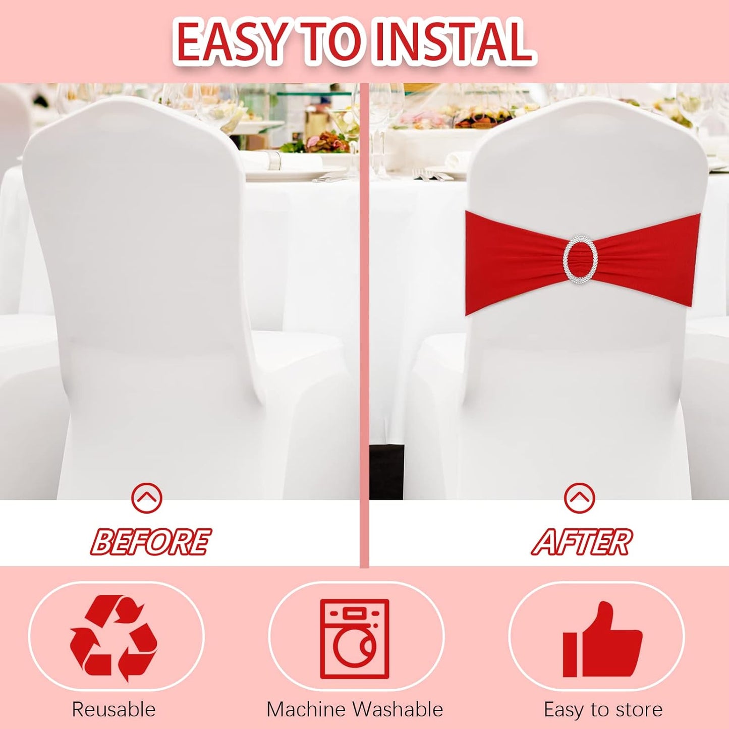 CHENGU Spandex Stretch Chair Sashes - 150 Elastic Covers with Buckle Slider for Weddings & Events | Red
