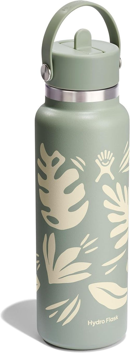 Hydro Flask Water Bottle - Insulated Stainless Steel - 40 Oz Wide Mouth with Flex Straw Lid | Leakproof & Refillable in Botanical Bliss Agave