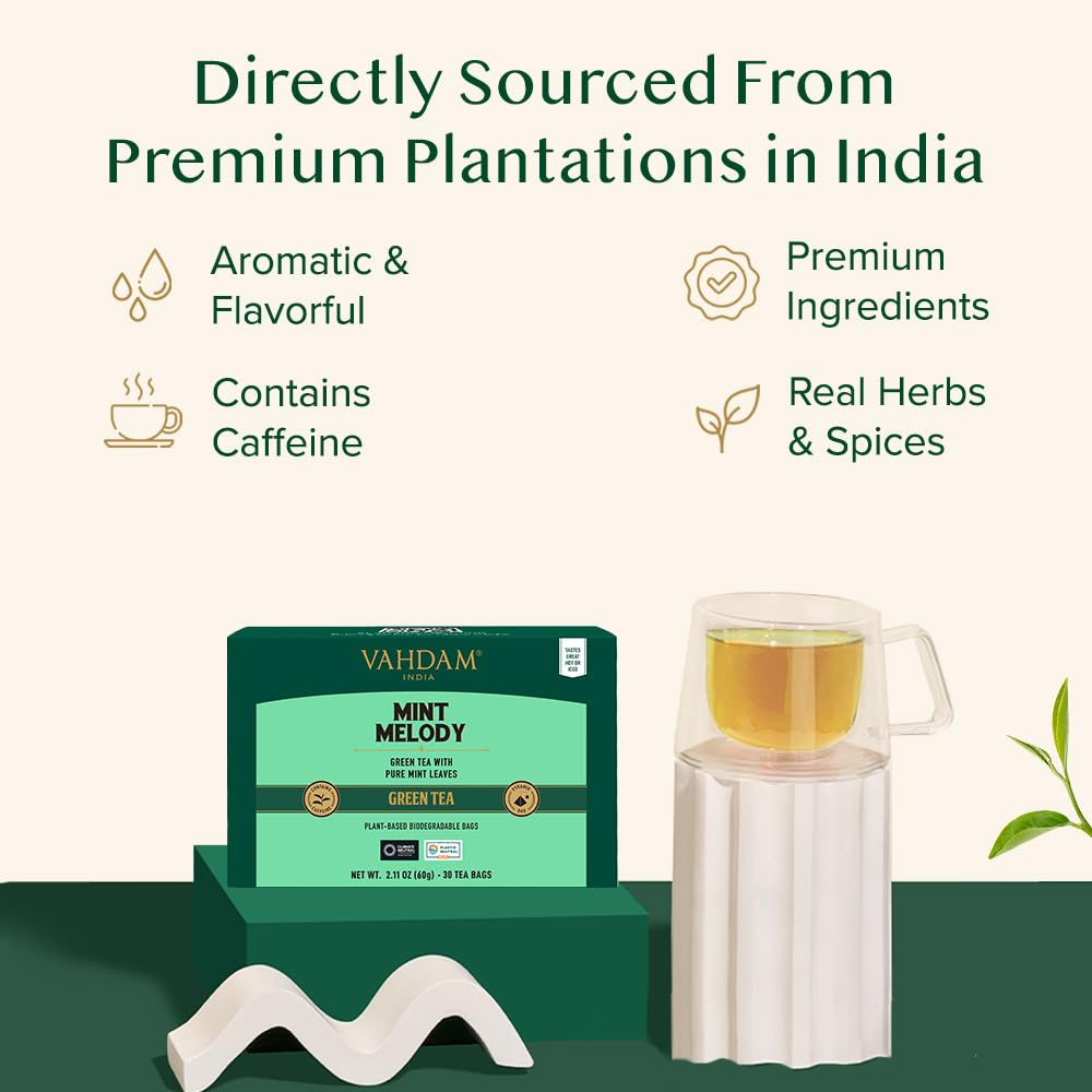 VAHDAM, Mint Green Tea Bags (30 Count) 100% Pure Leaf Tea, High Grown, Low Caffeine, Non GMO, Gluten Free | Individually Wrapped Plant-Based Pyramid Tea Bags | Direct from Source