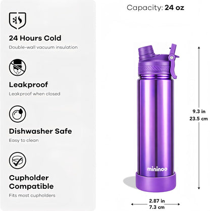 Mininoo 24 oz Insulated Water Bottle - BPA-Free, Leak-Proof Design with 2-in-1 Straw & Spout Lid | Violet Pulse