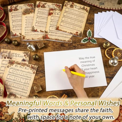 Religious Christmas Card Set with Bible Music Sheet Designs - 36 Cards & Envelopes, Vintage Holiday Greeting Cards, Christian Holiday Stationery, Variation of 36 / Bible Music