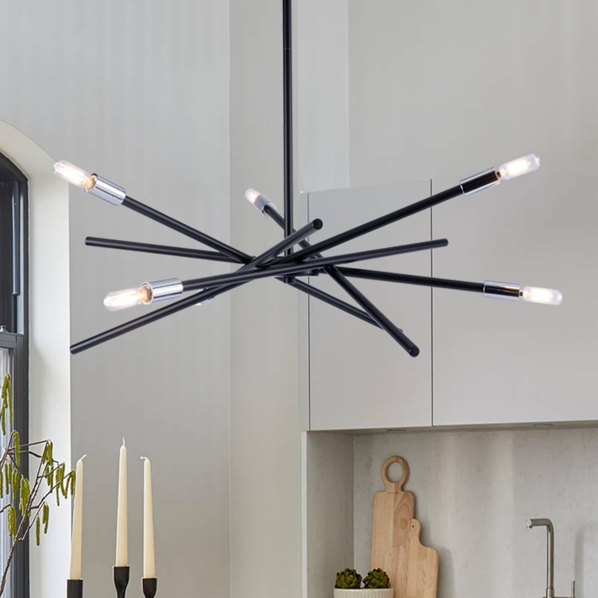 VILUXY Modern Sputnik Chandelier 6 Lights Black Linear Ceiling Pendant Light Fixture Mid Century Hanging Chandelier for Dining Room Living Room Foyer Staircase 31.5 inches