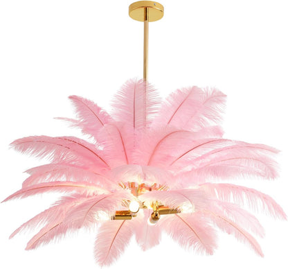 NZV Pink Feather Chandelier - Romantic Pendant Light for Girls' Room | 23.6in Ostrich Feathers, E14 Base