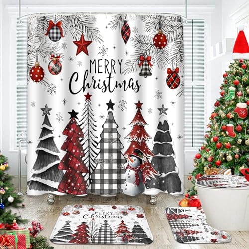 Christmas Tree Bathroom Decor Set with Shower Curtain and Rugs – 4 Pieces