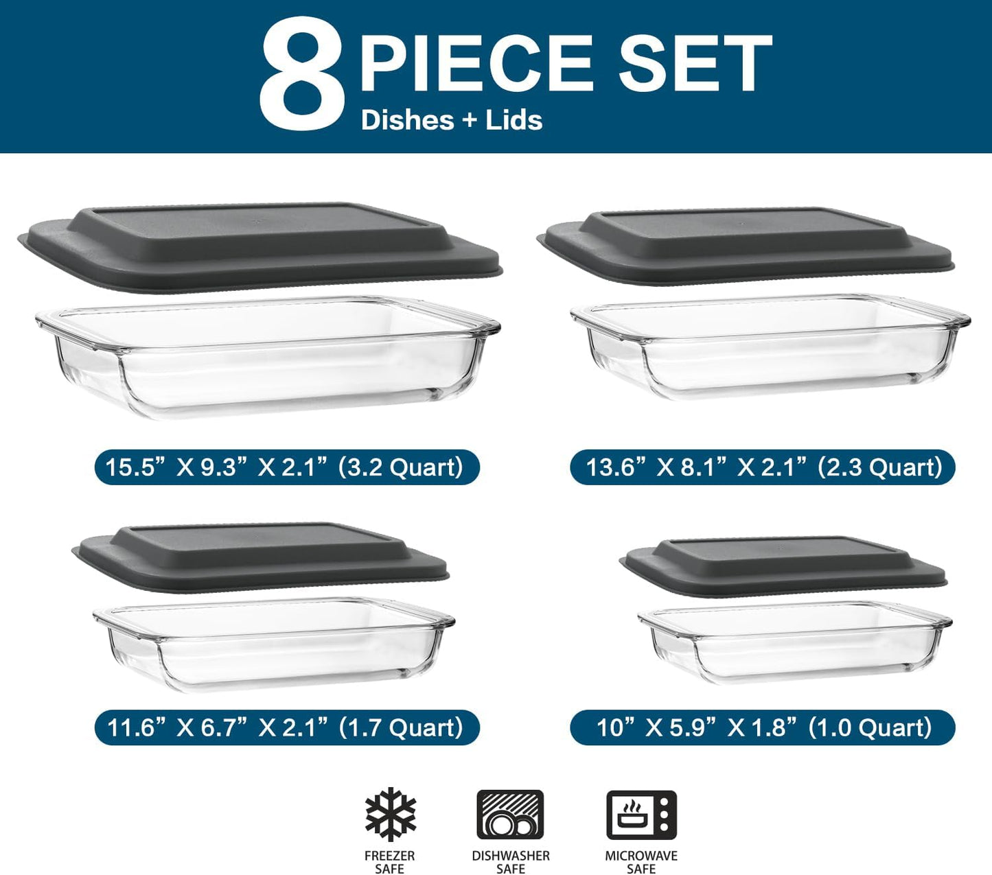 Skiennix 8-Piece Deep Glass Baking Dish Set - Rectangular Bakeware with Plastic Lids | Freezer-to-Oven Safe, Gray