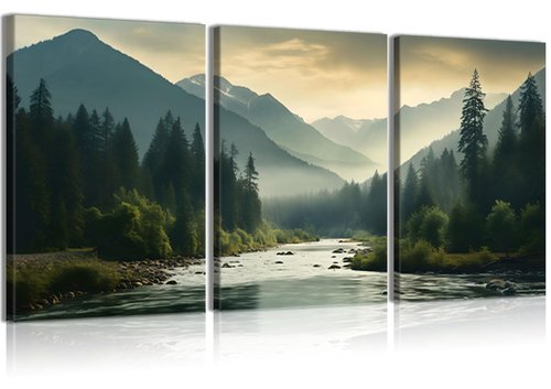 Framed 3Pcs Nature Landscape Wall Art Misty Forest Prints Mountain Pictures Dark Green Plant Posters Botanical River Canvas Painting Home Wall Decor for Living Room Bedroom Bathroom 16x24in