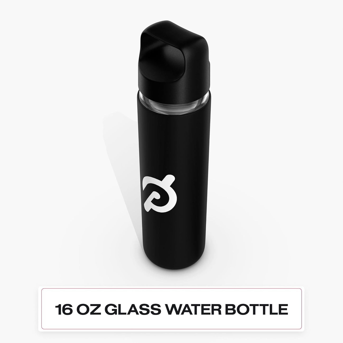 Peloton Glass Water Bottle - 16 Oz. with Non-Slip Silicone Sleeve & Travel Handle, Black