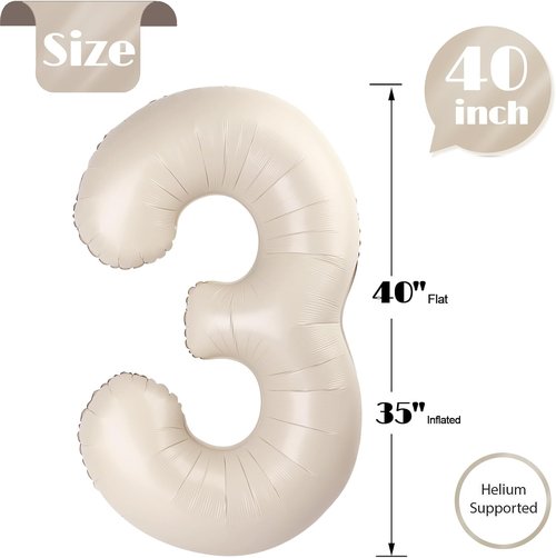 Cream Number 3 Balloon - 40 Inch Birthday Celebration Decoration for Kids & Adults | Perfect for 3rd Birthday Parties