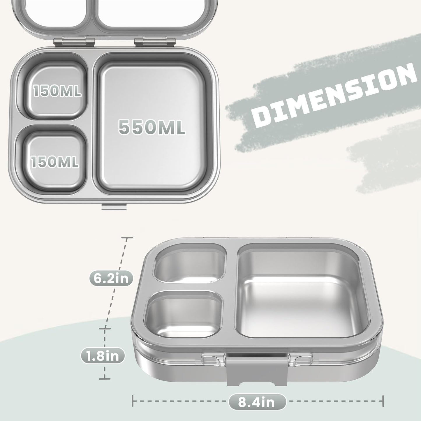 LOHASOK Kids Stainless Steel Bento Box with Silicone Lid Leak-proof Toddlers Lunch Container 3 Compartments Dishwasher Safe Grey
