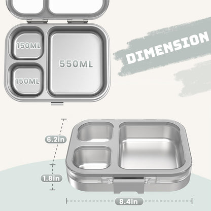 LOHASOK Kids Stainless Steel Bento Box with Silicone Lid Leak-proof Toddlers Lunch Container 3 Compartments Dishwasher Safe Grey
