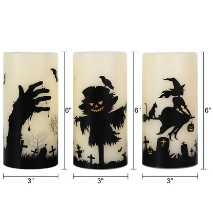 GenSwin Halloween Flameless Flickering Candles with Witch, Scarecrow, Blood Hand Decals with Remote Timer, Battery Operated Real Wax Halloween LED Candles Horror Spooky Decoration(3” x 6”, Set of 3)